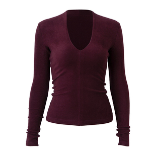 PynkiSwear 灰色/酒红色V领修身长袖针织T恤磨毛保暖打底德绒上衣