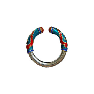 Vintage古着Ruyi Blue Enamel Open Ring复古银色戒指