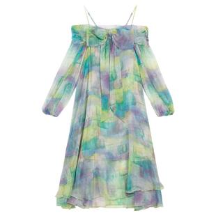 KEIKO 一字肩晕染薄纱吊带长裙夏日帕斯蒂尔风流光轻纱度假连衣裙