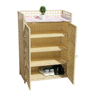 简易玄关储物柜藤编鞋柜多层阳台防尘门厅收纳柜北欧简约实木开门