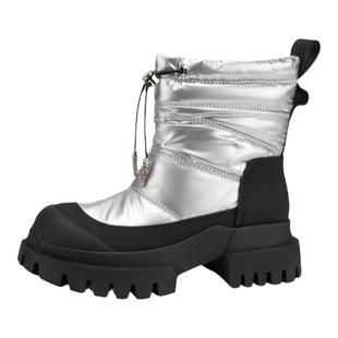 MIO米奥束带雪地靴冬季厚底高跟圆头休闲保暖时尚女银色机车短靴