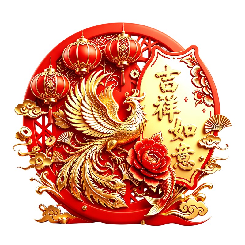 红金立体凤凰墙贴吉祥如意窗花圆形中式新春大门喜庆防水装饰贴画