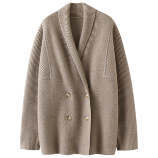 沦陷于气质！双排扣加厚100%纯羊绒开衫女中长款外套毛衣秋冬季