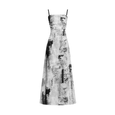 VOCK 复古时髦 街头百搭朋克风画报印花裙长裙修身显瘦吊带连衣裙