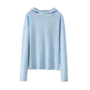 Basic House/百家好纯羊毛春秋连帽修身薄款长袖T恤透气女针织衫