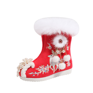 儿童绣花鞋古装加绒棉靴汉服鞋子中国风老北京布鞋女童古风拜年鞋