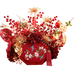 2026新年乔迁装饰客厅摆件福桶年宵花抱抱桶发财果红果花艺插花大