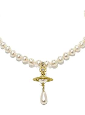 2024新款法式西太后项链立体土星水晶毛衣链珍珠蝴蝶结满钻吊坠女