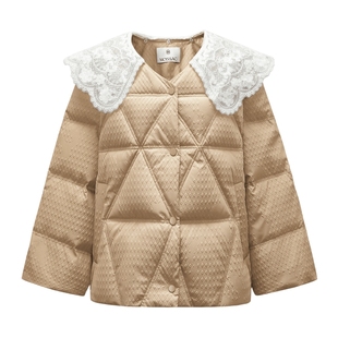 MOISSAC摩萨克冬白鸭绒拼接蕾丝甜美翻领短款羽绒服