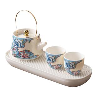 珐琅彩掐丝银家用茶具套装家用一壶二杯干泡茶盘小型陶瓷茶壶茶杯