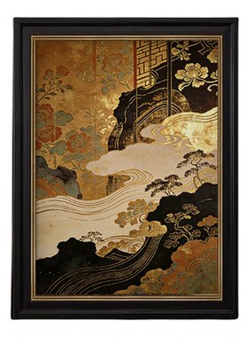新中式金箔纯手绘油画客厅装饰画牡丹中古风玄关挂画高级餐厅壁画