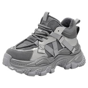 千百度老爹鞋女冬季新款厚底百搭休闲高帮棉鞋加绒松糕鞋运动鞋