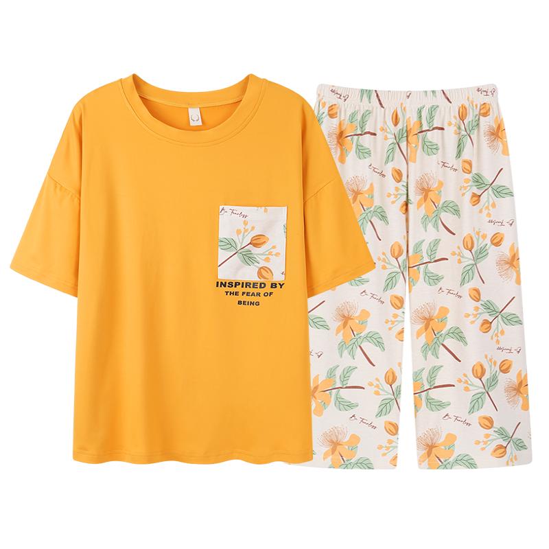 睡衣女士夏季纯棉短袖七分裤家居服夏天全棉薄款清新可外穿两件套
