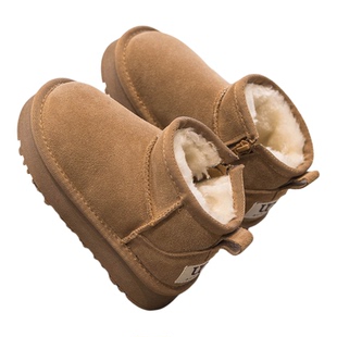 ABC真皮女童雪地靴2025冬季新款大棉鞋儿童加绒加厚雪地棉男童鞋