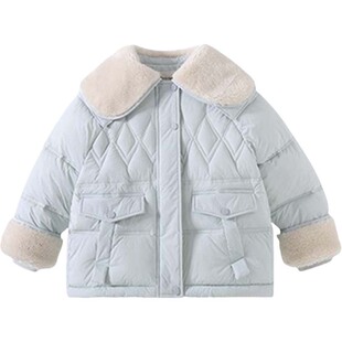 女童加绒棉服冬季新款洋气羊羔毛翻领菱形格保暖棉衣中大童外套潮