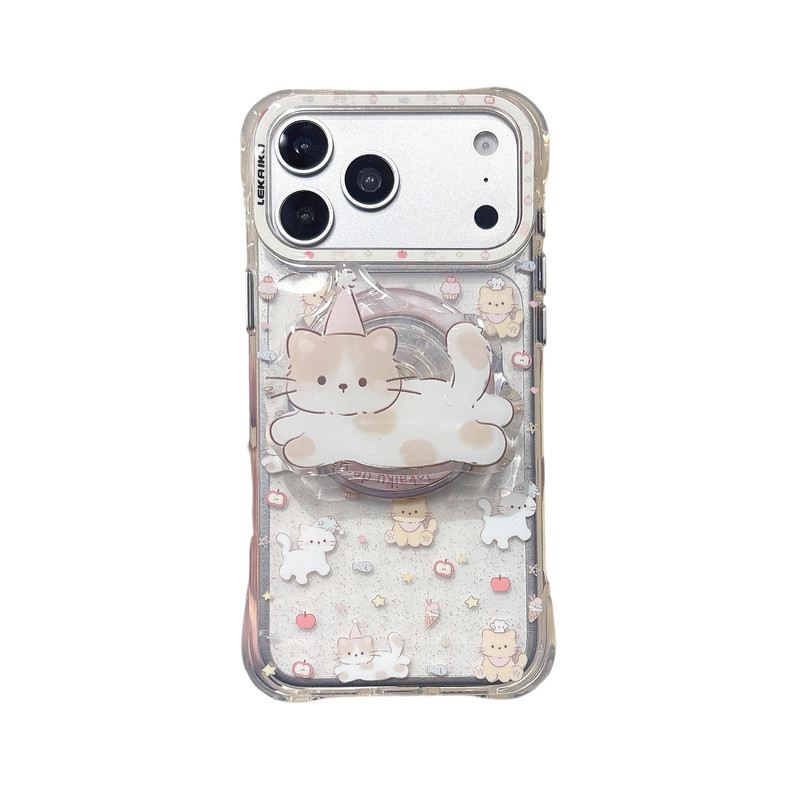 小狗猫咪适LEKAIKU适用iphone18苹果17promax可爱16pro卡通女生全包相机ai键高透细闪四角防摔磁吸支架手机壳