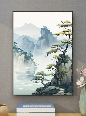 新中式蓝色山水高山流水挂画客厅装饰画山水风景玄关过道走廊壁画