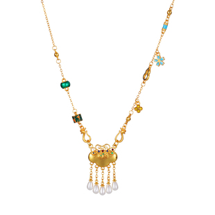 新中式古法沙金平安锁珍珠项链女款吊坠轻奢小众高级感毛衣链配饰