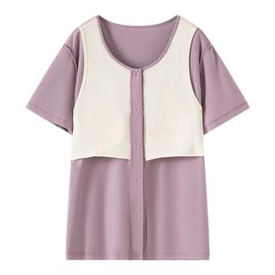 纯棉带胸罩胸垫防凸点睡衣妈妈贴身睡觉中老年人上衣半身短袖开衫