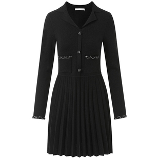 莱茵福莱尔2025黑色翻领优雅百褶连衣裙修身裙子