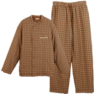朵朵可可睡衣男秋冬季加厚三层夹棉里外全棉格子保暖家居服套装