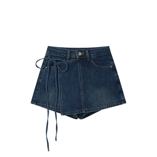 复古蓝不规则牛仔短裙裤女夏季新款胖mm高腰大码显瘦a字半身裙子