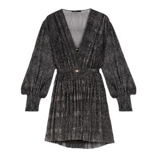 Maje Outlets秋冬女装法式时尚黑色可拆卸腰带V领百褶短款连衣裙