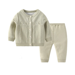 婴儿毛衣加绒加厚针织套装新生儿保暖外套编织开衫棉纱衣两件套冬