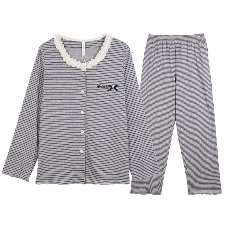 玛伦萨睡衣女纯棉长袖春季款2025新款女士大码家居服套装条纹圆领