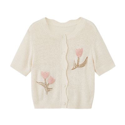 DIDDIMODA柔软亲肤高品质垂坠感郁金香刺绣针织短袖短袖针织开衫