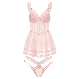 余温Sexy girl 性感内衣女聚拢小胸蕾丝带胸垫吊带睡裙绝美套装冬