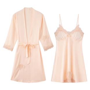 乐姿梦冰丝睡袍女士性感带胸垫吊带睡裙春夏季仿真丝绸睡衣家居服