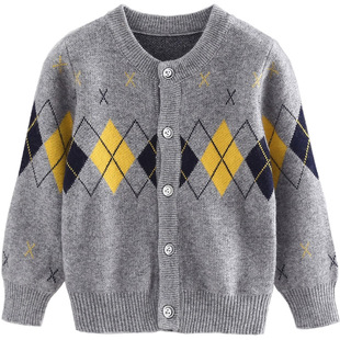 经典菱形开衫羊绒衫男童羊毛衫中大童毛衣双层加厚保暖外套学院风