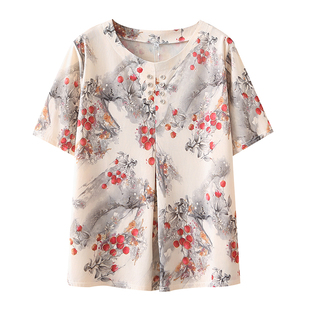 中老年200斤妈妈夏装圆领t恤衫女特体大码50岁60奶奶短袖洋气衬衣