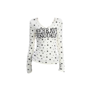 美式辣妹字母星星印花上衣女长袖短款秋季高街辣妹修身V领打底衫