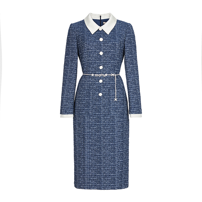 朗姿/MOJO AVENUE莫佐2025冬新款复古蓝色格纹连衣裙女撞色