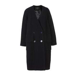 AUM噢姆冬季精纺羊毛呢双排扣中长款宽松黑色大衣女
