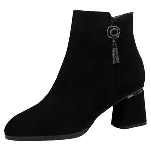 高跟女短靴粗跟女靴真皮圆头短筒侧拉链小皮靴牛翻皮加绒女士靴子