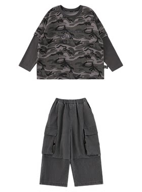 幼悠 男童春季套装儿童洋气可爱假两件罗纹领T恤九分半工装阔腿裤
