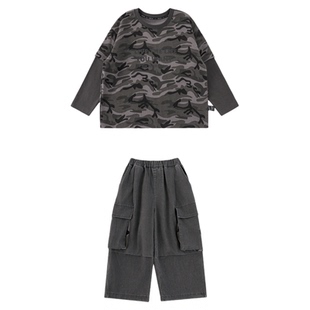 幼悠 男童春季套装儿童洋气可爱假两件罗纹领T恤九分半工装阔腿裤