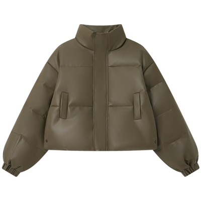 HaloLuu复古pu皮短款立领羽绒服