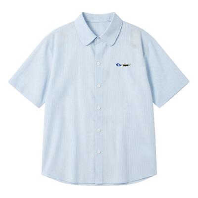 笛莎官旗青少年2026夏季新款条纹短袖衬衫女时尚立体绣花翻领上衣