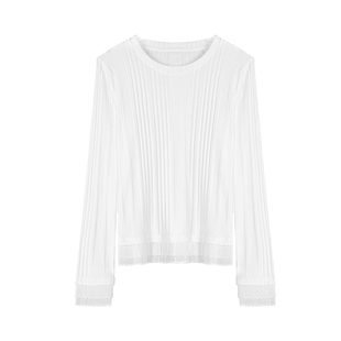 LAGOGO优雅蕾丝花边长袖T恤女拉谷谷2026春新款白色圆领针织上衣