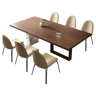 纳威原木风餐桌椅组合意式轻奢高级饭桌胡桃木色大理石长方形餐桌