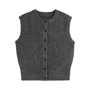pusumede 灰色圆领毛衣马甲女开衫春秋百搭叠穿坎肩针织背心上衣