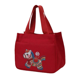 红色帆布手提包卡通刺绣便当袋宝妈外出通勤加厚上班手拎包