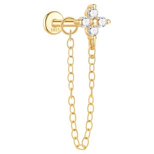 925镀18K金 四叶草链条平底耳钉 轻奢穿刺钉 无镍防敏 养耳洞