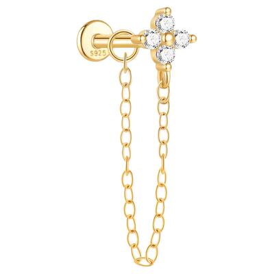 925镀金四叶草链条平底耳钉不硌