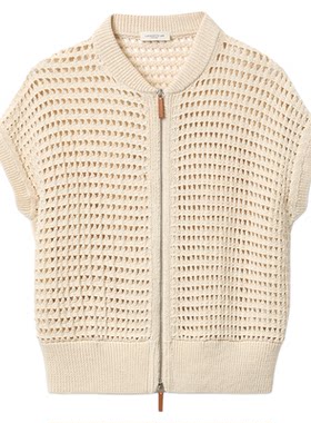 LAFAYETTE148/拉飞逸夏日针织镂空落肩针织开衫圆领拉链棉质短袖