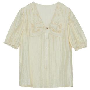 谜底双层领上衣衬衣女秋季新品文艺风刺绣衬衫短袖243MC0987